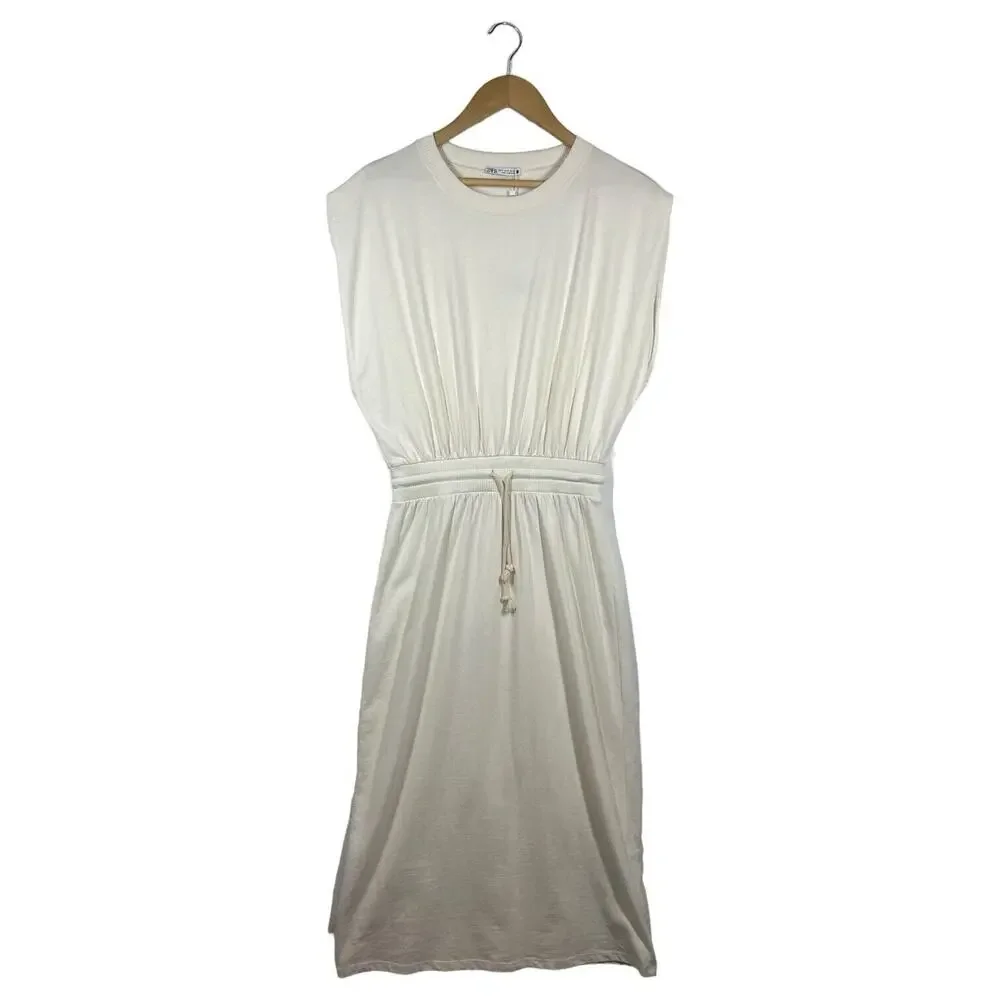 New Zara Dress Womens M Extended Shoulder Midi Tank Cinched Drawcord Waist Ivory - Picture 2 of 16